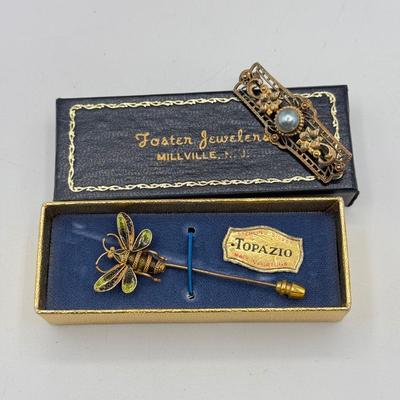 LOT 70: Gold Vermeil Sterling Silver Brooch & Topazio Sterling Bee Stick Pin (6.7g)