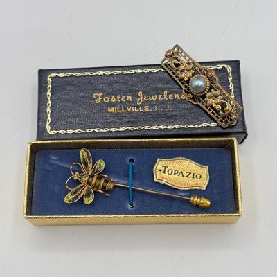 LOT 70: Gold Vermeil Sterling Silver Brooch & Topazio Sterling Bee Stick Pin (6.7g)
