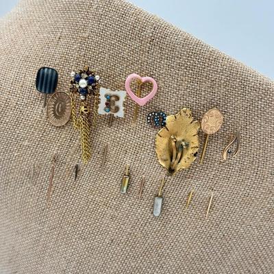 LOT 73: Vintage Stick Pins: Heart, Leaf, Chains & More