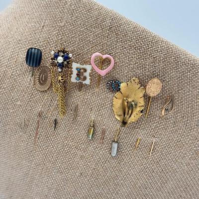 LOT 73: Vintage Stick Pins: Heart, Leaf, Chains & More