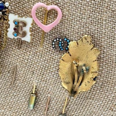 LOT 73: Vintage Stick Pins: Heart, Leaf, Chains & More