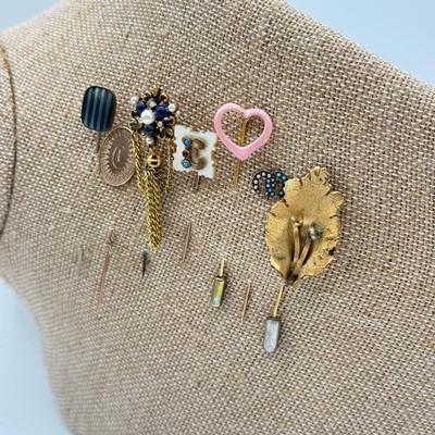 LOT 73: Vintage Stick Pins: Heart, Leaf, Chains & More