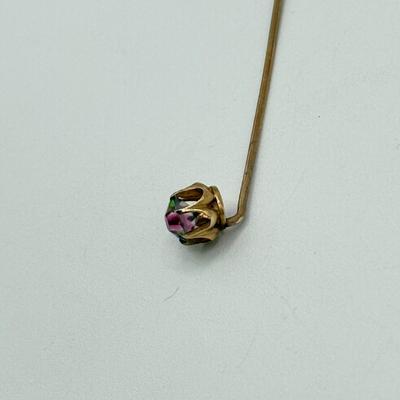 LOT 80: Antique 14k Gold Watermelon Tourmaline Quartz Hat / Stick Pin (1.8g)