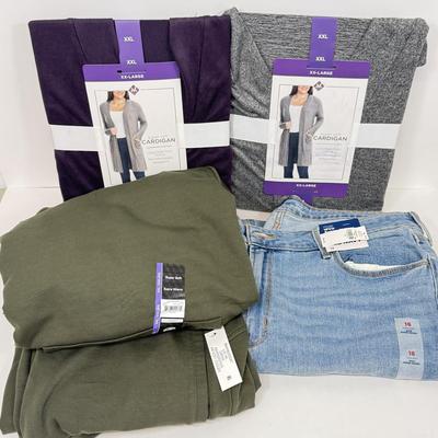 LOT 81: NWT Plus Sized Women's Clothing: Pair of 2XL Cardigans, XXL Dark Green Sweatsuit & Old Navy Size 16 "Super...
