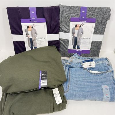 LOT 81: NWT Plus Sized Women's Clothing: Pair of 2XL Cardigans, XXL Dark Green Sweatsuit & Old Navy Size 16 "Super...