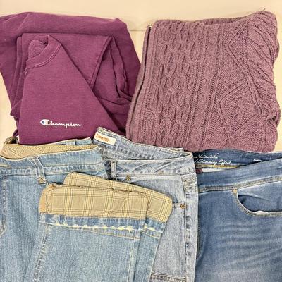 LOT 84: Plus size Purple Champion Sweatshirt, Zip up Sweater & Three Pairs of Jeans