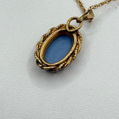 LOT 98: Wedgewood Necklace, 12k Gold Filled Celebrity Necklace in Box & Another Gold Fill Necklace (18”, 18”, 16”)