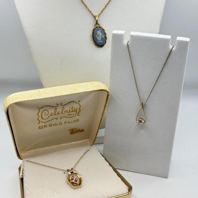 LOT 98: Wedgewood Necklace, 12k Gold Filled Celebrity Necklace in Box & Another Gold Fill Necklace (18”, 18”, 16”)