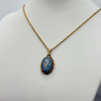 LOT 98: Wedgewood Necklace, 12k Gold Filled Celebrity Necklace in Box & Another Gold Fill Necklace (18”, 18”, 16”)