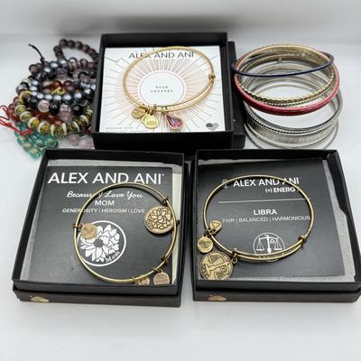 LOT 100: Alex and Ani Charm Bracelets w/ Boxes, Bangles & Beaded Bracelets