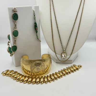 LOT 102: Goldtone Scarab Cuff Bracelet, Beautiful Green Bracelets, Necklaces & Goldtone Link Bracelet