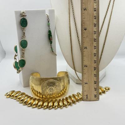 LOT 102: Goldtone Scarab Cuff Bracelet, Beautiful Green Bracelets, Necklaces & Goldtone Link Bracelet