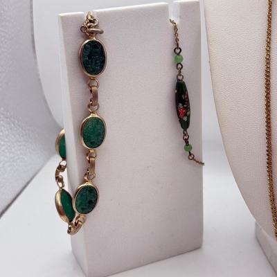 LOT 102: Goldtone Scarab Cuff Bracelet, Beautiful Green Bracelets, Necklaces & Goldtone Link Bracelet