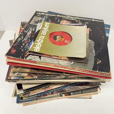 LOT 136: Stack of Various Vintage Vinyl Record Albums - Christmas Themed, Bill Cosby, 45s & More