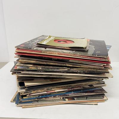 LOT 136: Stack of Various Vintage Vinyl Record Albums - Christmas Themed, Bill Cosby, 45s & More