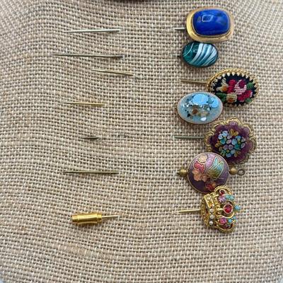 LOT 138: Gorgeous Vintage Hat Stick Pins: Cloisonne, Crown, Blue Stones & Needlepoint