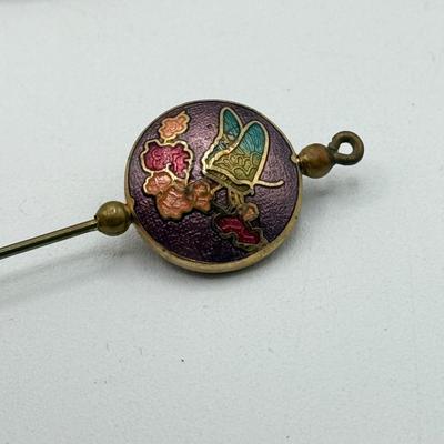 LOT 138: Gorgeous Vintage Hat Stick Pins: Cloisonne, Crown, Blue Stones & Needlepoint