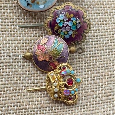 LOT 138: Gorgeous Vintage Hat Stick Pins: Cloisonne, Crown, Blue Stones & Needlepoint