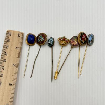 LOT 138: Gorgeous Vintage Hat Stick Pins: Cloisonne, Crown, Blue Stones & Needlepoint