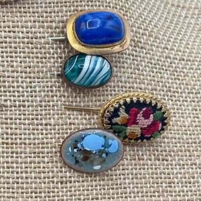 LOT 138: Gorgeous Vintage Hat Stick Pins: Cloisonne, Crown, Blue Stones & Needlepoint