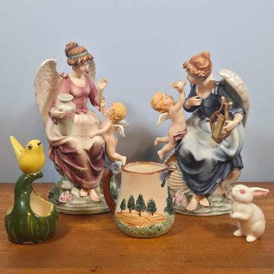 LOT 141: Grandeur Noel Hand-Painted Porcelain Angel Set, Vintage Glazed Ceramic Pitcher, Pennsbury Pottery Folk Art Slick Chick Yellow...