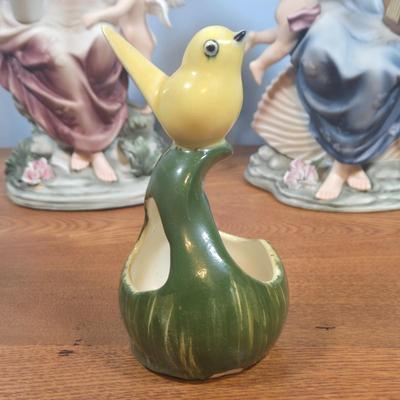LOT 141: Grandeur Noel Hand-Painted Porcelain Angel Set, Vintage Glazed Ceramic Pitcher, Pennsbury Pottery Folk Art Slick Chick Yellow...