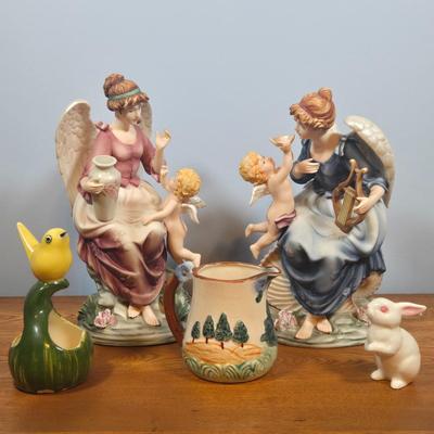 LOT 141: Grandeur Noel Hand-Painted Porcelain Angel Set, Vintage Glazed Ceramic Pitcher, Pennsbury Pottery Folk Art Slick Chick Yellow...
