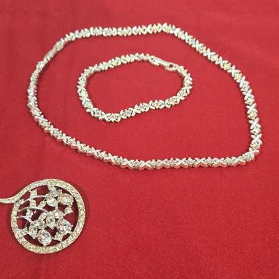 LOT 143: Premier Designs Aurora Flower Rhinestone Necklace & Bracelet and Vintage Rhinestone Flower Brooch