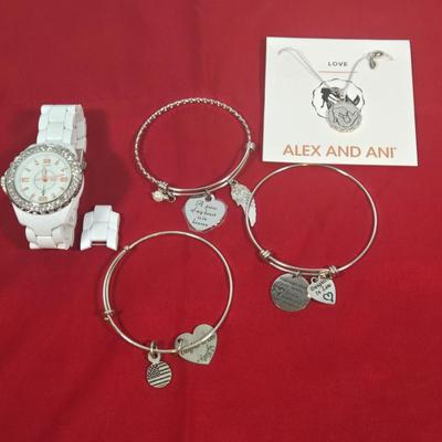 LOT 146: Silver-tone Bangle Bracelets with Charms, Alex and Ani Necklace, and Premier Designs White Hot Watch