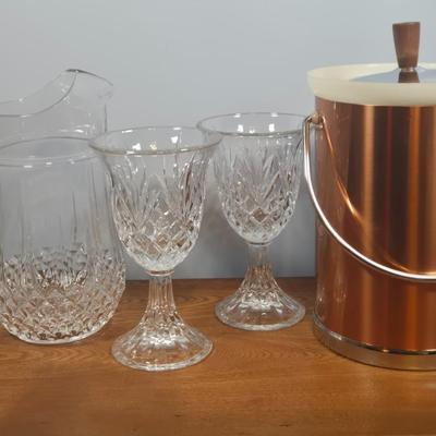 LOT 148: Cristal D'Arques Longchamp Lead Crystal Pitcher, Godinger Lexington Crystal Goblets, and Vintage Kromex MCM Copper Color...