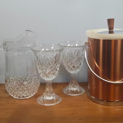 LOT 148: Cristal D'Arques Longchamp Lead Crystal Pitcher, Godinger Lexington Crystal Goblets, and Vintage Kromex MCM Copper Color...