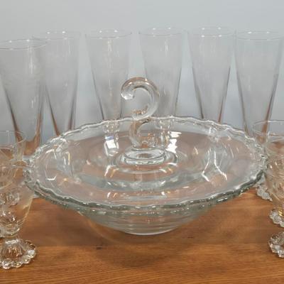 LOT 149: Vintage Ivy Etched Boopie Base Cocktail Glasses, Etched Glass Pilsner Glasses, Vintage Fostoria Century Glass Bowl Flared...