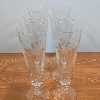 LOT 149: Vintage Ivy Etched Boopie Base Cocktail Glasses, Etched Glass Pilsner Glasses, Vintage Fostoria Century Glass Bowl Flared...