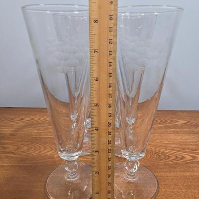 LOT 149: Vintage Ivy Etched Boopie Base Cocktail Glasses, Etched Glass Pilsner Glasses, Vintage Fostoria Century Glass Bowl Flared...