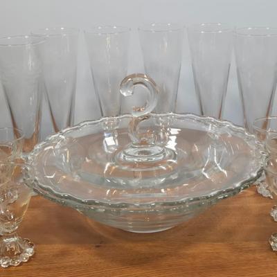 LOT 149: Vintage Ivy Etched Boopie Base Cocktail Glasses, Etched Glass Pilsner Glasses, Vintage Fostoria Century Glass Bowl Flared...