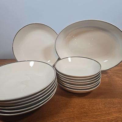 LOT 150: Vintage Harmony House China Set/ 8 Dinner Plates, 8 Salad Plates, 7 Soup Bowls, 7 Dessert Bowls, 1 Serving Bowl, 8 Cups &...