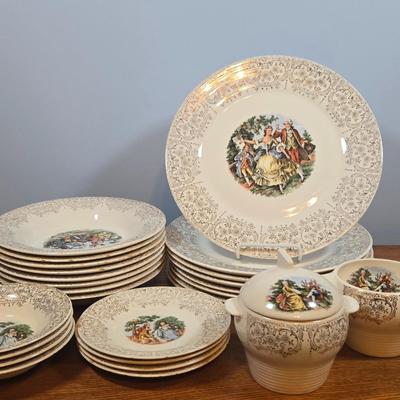 LOT 151: Vintage Sebring Pottery Chantilly Dinnerware/ 8 Dinner Plates, 8 Soup Bowls, 4 Dessert Plates, 4 Dessert Bowls, and Creamer...