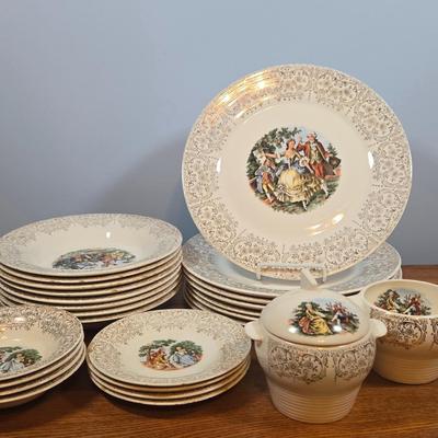 LOT 151: Vintage Sebring Pottery Chantilly Dinnerware/ 8 Dinner Plates, 8 Soup Bowls, 4 Dessert Plates, 4 Dessert Bowls, and Creamer...