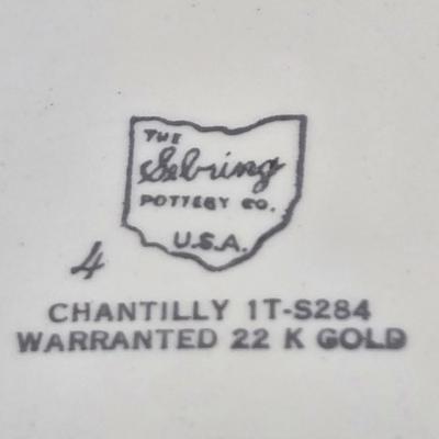 LOT 151: Vintage Sebring Pottery Chantilly Dinnerware/ 8 Dinner Plates, 8 Soup Bowls, 4 Dessert Plates, 4 Dessert Bowls, and Creamer...