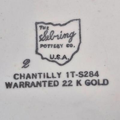 LOT 151: Vintage Sebring Pottery Chantilly Dinnerware/ 8 Dinner Plates, 8 Soup Bowls, 4 Dessert Plates, 4 Dessert Bowls, and Creamer...