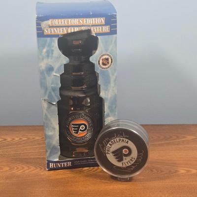 LOT 153: Rick MacLeish and Bill Barber Signed Puck and Collector's Edition Stanley Cup Miniature