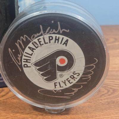 LOT 153: Rick MacLeish and Bill Barber Signed Puck and Collector's Edition Stanley Cup Miniature