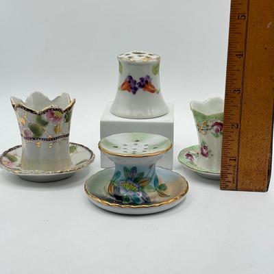 LOT 187: Vintage Hand Painted Porcelain Holders- two are for stick pins- 2 are for matches/toothpicks