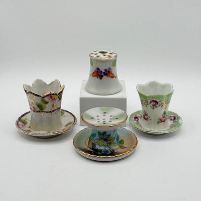 LOT 187: Vintage Hand Painted Porcelain Holders- two are for stick pins- 2 are for matches/toothpicks