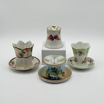 LOT 187: Vintage Hand Painted Porcelain Holders- two are for stick pins- 2 are for matches/toothpicks