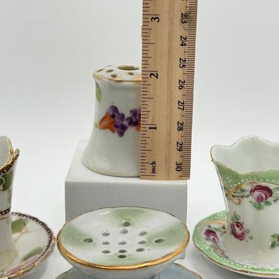 LOT 187: Vintage Hand Painted Porcelain Holders- two are for stick pins- 2 are for matches/toothpicks