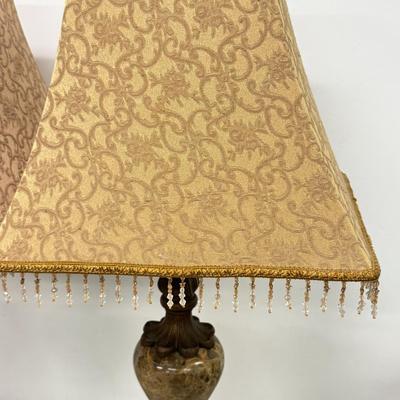 LO 188: Beautiful Pair of Working 30” Marble Base Lamps w/ Beaded Fringe Shades (heavy)