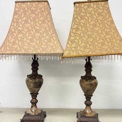 LO 188: Beautiful Pair of Working 30” Marble Base Lamps w/ Beaded Fringe Shades (heavy)