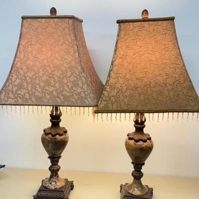 LO 188: Beautiful Pair of Working 30” Marble Base Lamps w/ Beaded Fringe Shades (heavy)