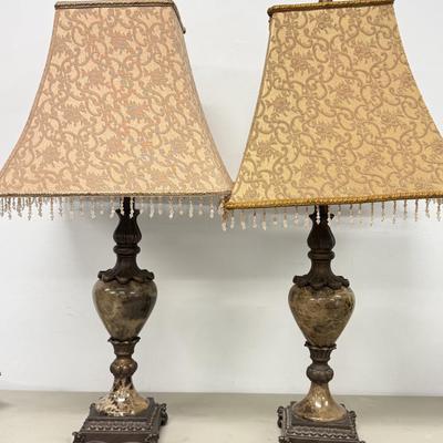 LO 188: Beautiful Pair of Working 30” Marble Base Lamps w/ Beaded Fringe Shades (heavy)